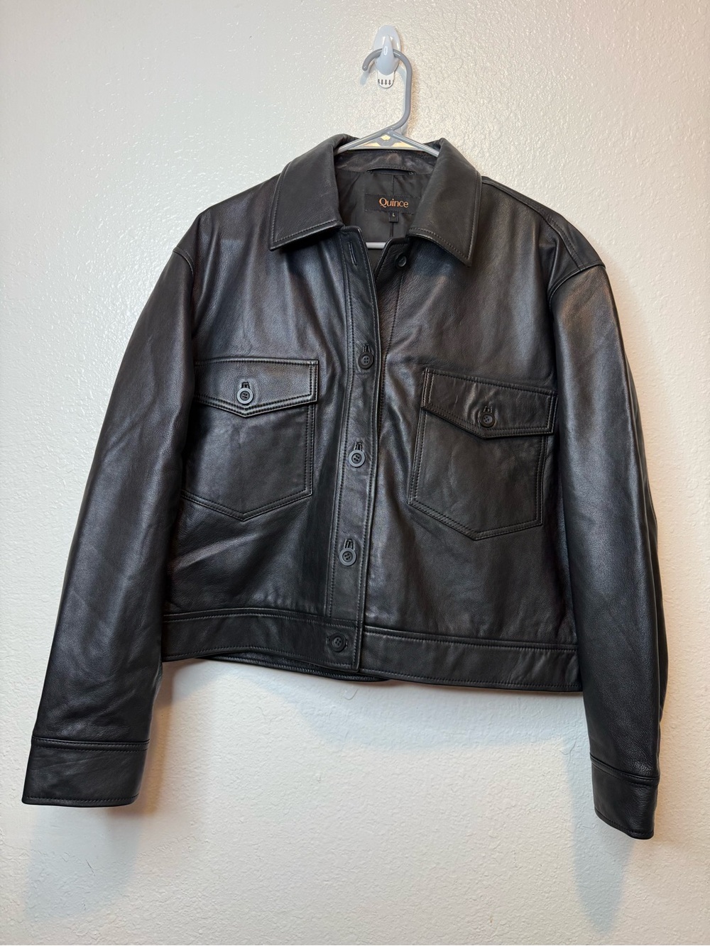 Quince Black Leather Cropped Shirt Jacket Size Large Moto Edgy Button Up